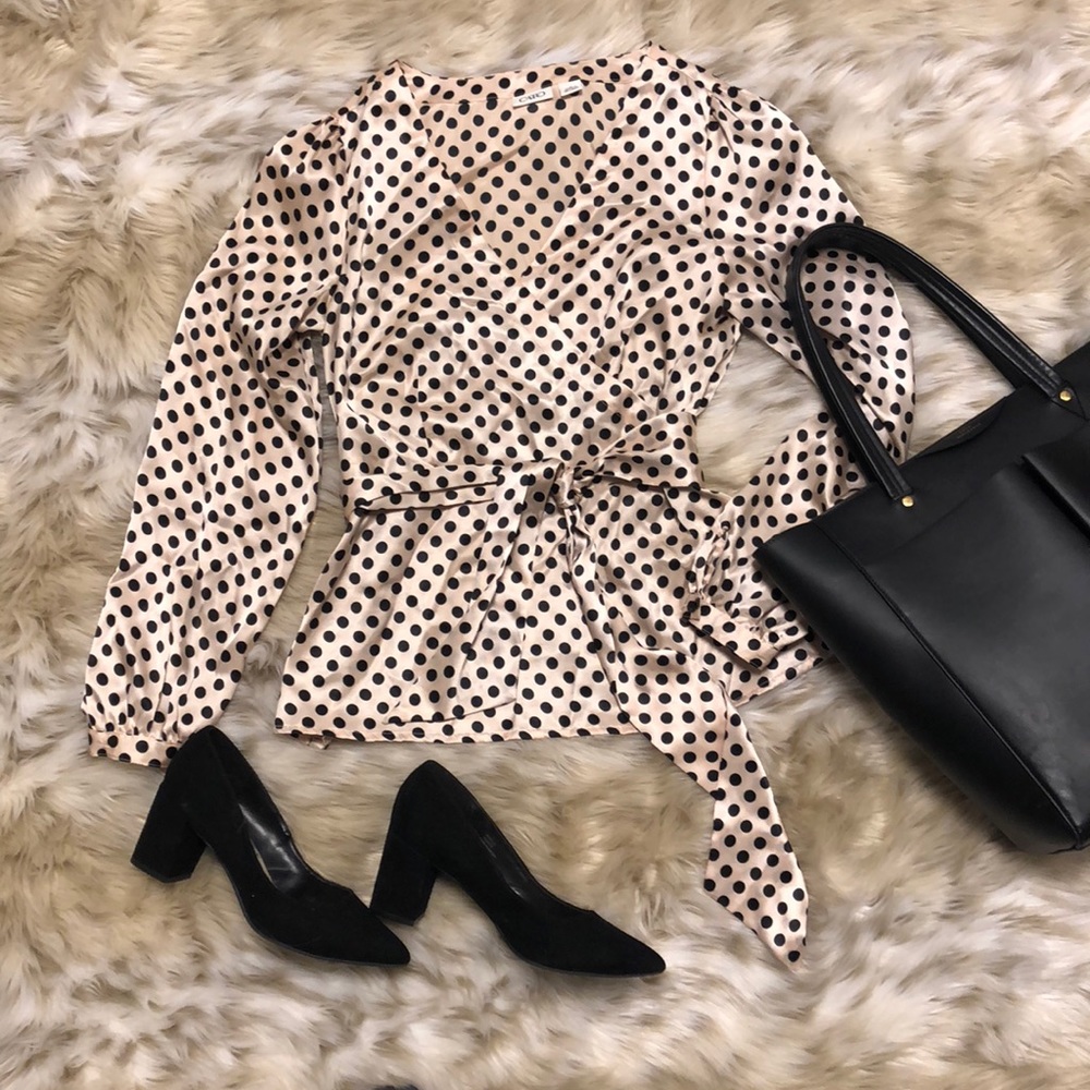 Wrap around waist “silk” style blouse— polka dots